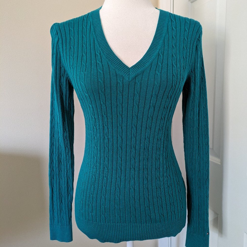 Tommy Hilfiger V neck sweater cable knit size S deep green